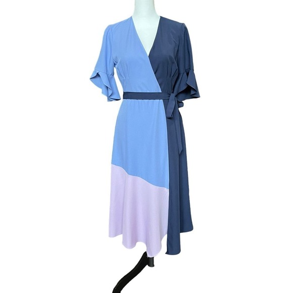 Hutch Pastel Colorblock Faux Wrap Midi Dress Blue Size 2 Mother's Day Wedding - Picture 4 of 12